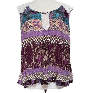 Boho Cottagecore Patchwork Sleeveless Top‎ Tank Lace Tiered Ruffles size 1X